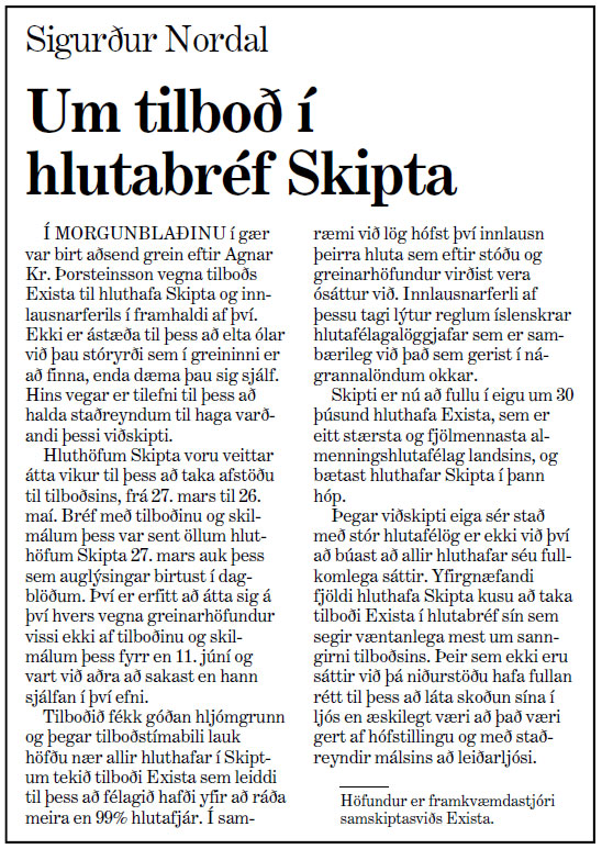 Um tilboð í hlutabréf Skipta - Mbl. 5. júlí 2008