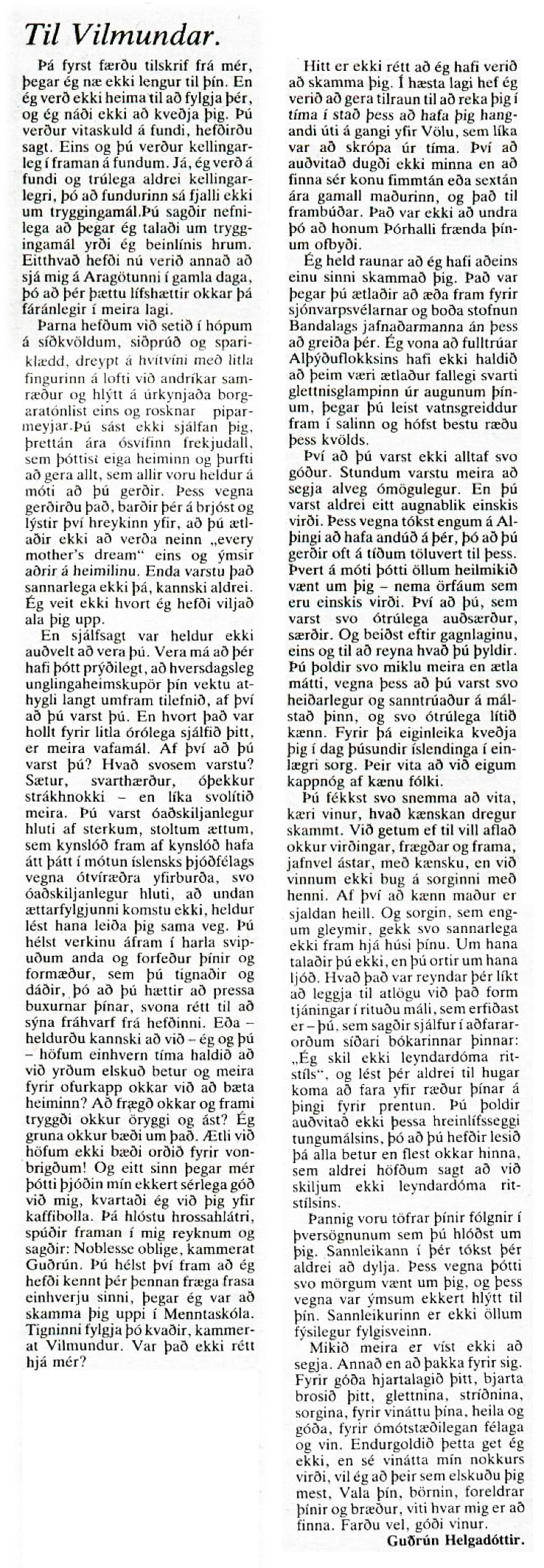 Til Vilmundar - Guðrún Helgadóttir - Þjóðviljinn 28. júní 1983